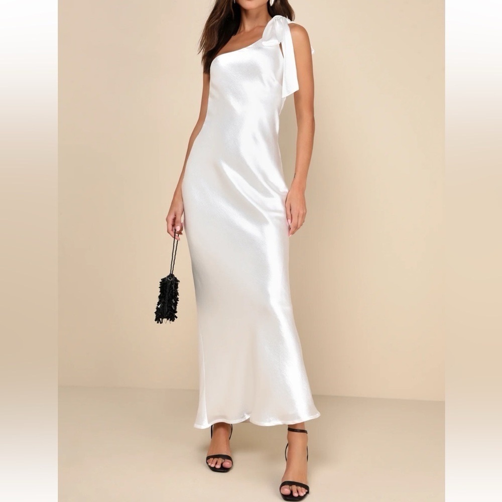 LULU’S Lavish Looks White Satin One-Shoulder Tie-Strap Maxi Dress